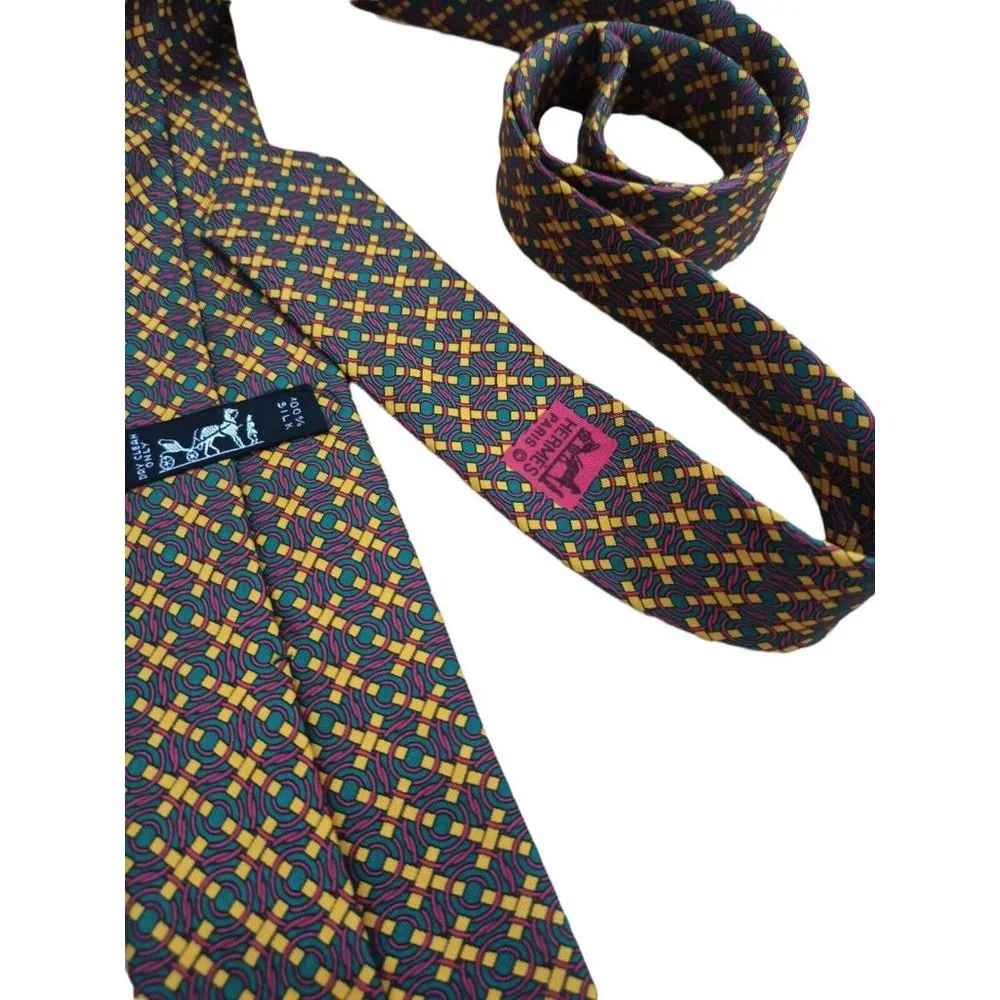 HERMÈS 7319 EA Green Geometric Silk Tie FRANCE 58”/ 3.4" EC - Picture 7 of 10